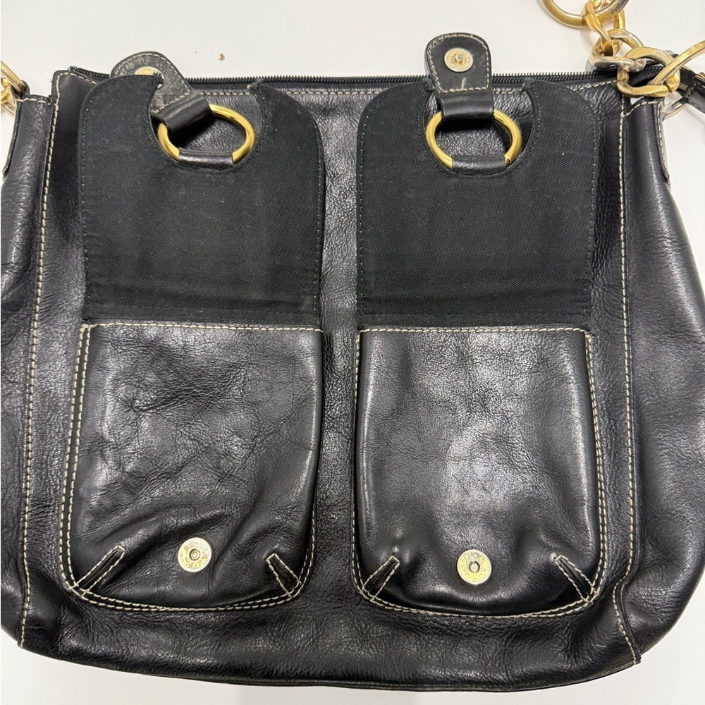 Kate Landry Black Leather Shoulder Bag with Dual Front Pockets & Gold Hardware - Picture 2 of 7